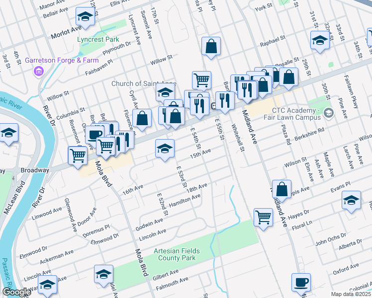 map of restaurants, bars, coffee shops, grocery stores, and more near 24 13th Avenue in Elmwood Park
