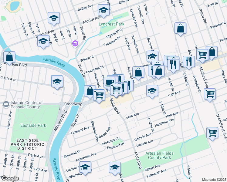 map of restaurants, bars, coffee shops, grocery stores, and more near 96 Rosedale Avenue in Elmwood Park