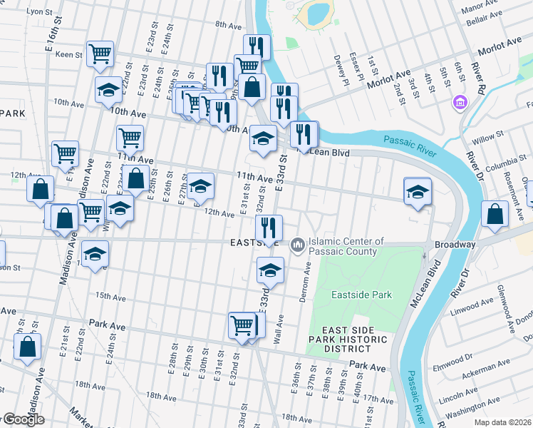 map of restaurants, bars, coffee shops, grocery stores, and more near 135 East 32nd Street in Paterson
