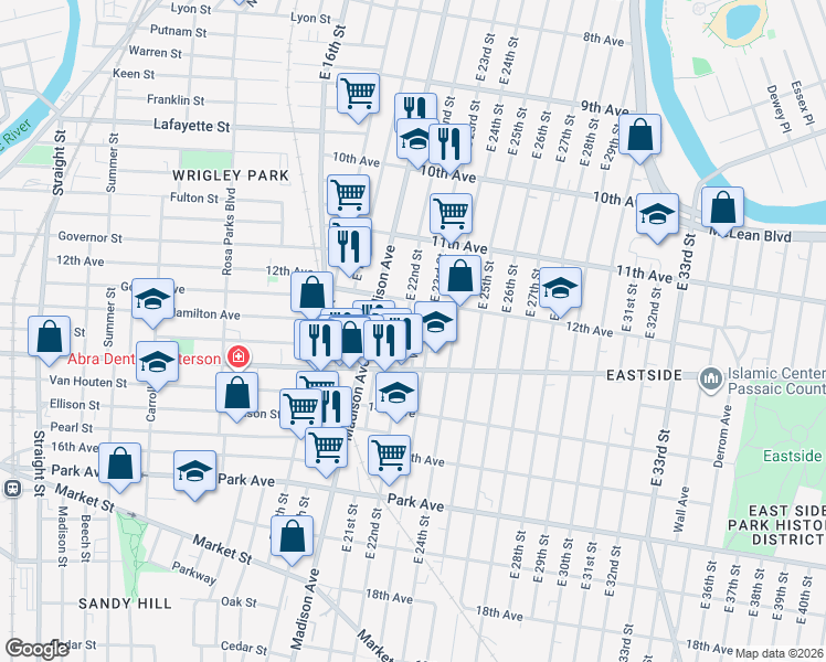 map of restaurants, bars, coffee shops, grocery stores, and more near in Paterson