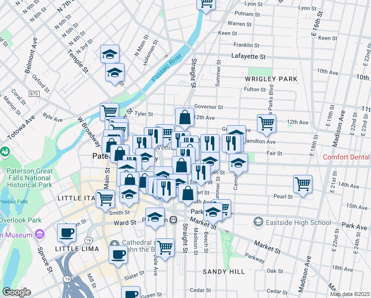 map of restaurants, bars, coffee shops, grocery stores, and more near 147 Fair Street in Paterson