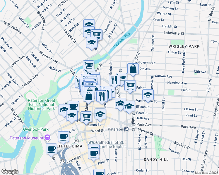 map of restaurants, bars, coffee shops, grocery stores, and more near 101 Memorial Drive in Paterson