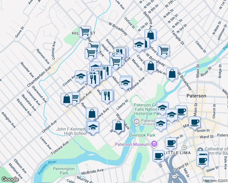 map of restaurants, bars, coffee shops, grocery stores, and more near 27 Albion Avenue in Paterson