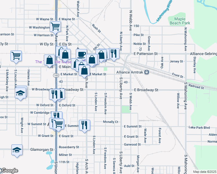 map of restaurants, bars, coffee shops, grocery stores, and more near 547 East Columbia Street in Alliance