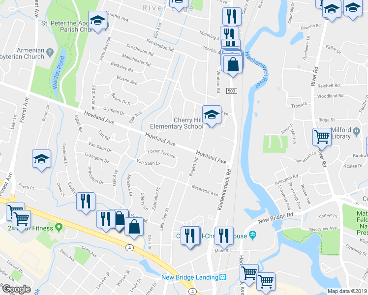 map of restaurants, bars, coffee shops, grocery stores, and more near 12 Gainesborough Terrace in River Edge
