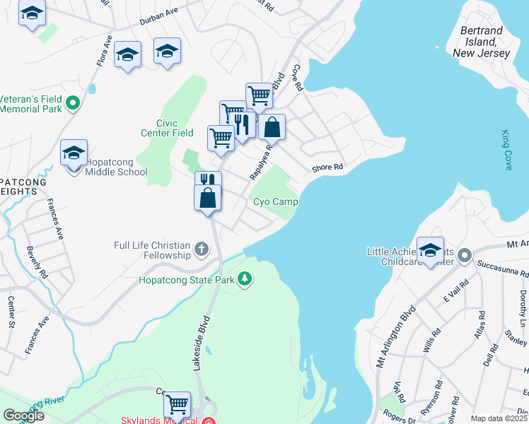 map of restaurants, bars, coffee shops, grocery stores, and more near 9 Boomer Road in Hopatcong