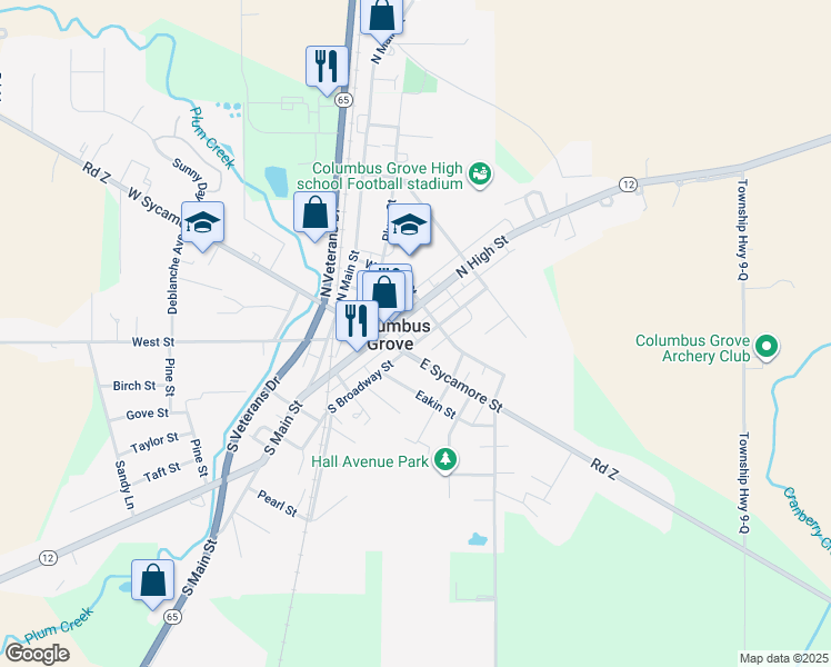 map of restaurants, bars, coffee shops, grocery stores, and more near 132 Ohio 12 in Columbus Grove