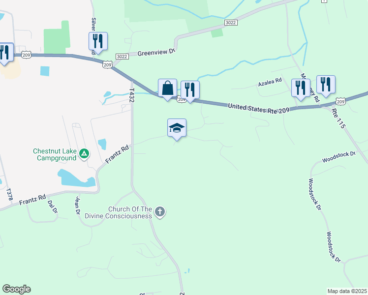 map of restaurants, bars, coffee shops, grocery stores, and more near 226 Amelia Drive in Brodheadsville