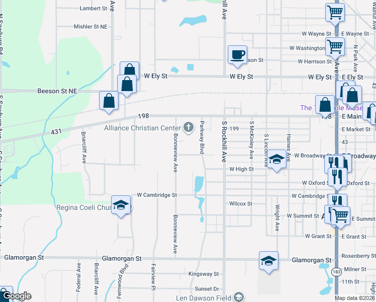 map of restaurants, bars, coffee shops, grocery stores, and more near 949 West Broadway Street in Alliance