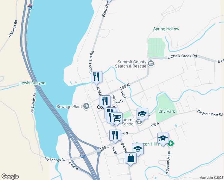 map of restaurants, bars, coffee shops, grocery stores, and more near 110 North 50 East in Coalville