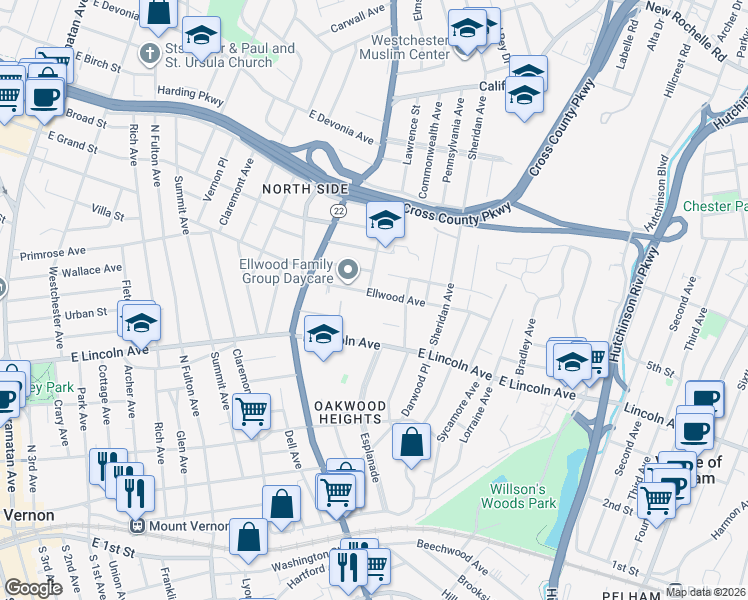 map of restaurants, bars, coffee shops, grocery stores, and more near 41 Ellwood Avenue in Mount Vernon
