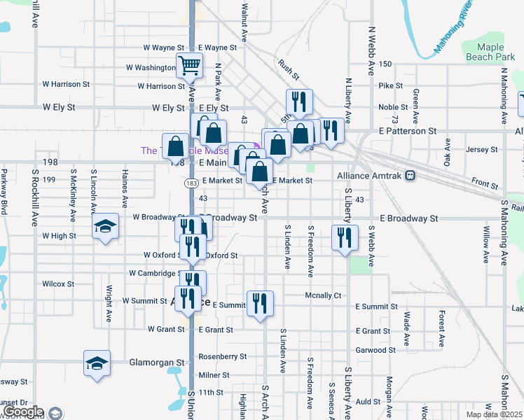 map of restaurants, bars, coffee shops, grocery stores, and more near 233 South Arch Avenue in Alliance