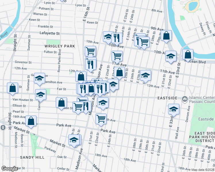 map of restaurants, bars, coffee shops, grocery stores, and more near 597 East 23rd Street in Paterson