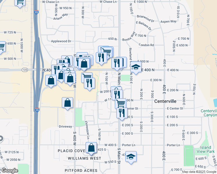 map of restaurants, bars, coffee shops, grocery stores, and more near 232 North 100 West in Centerville