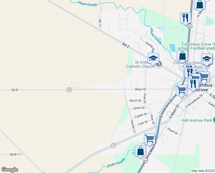 map of restaurants, bars, coffee shops, grocery stores, and more near 10920 Road R in Columbus Grove