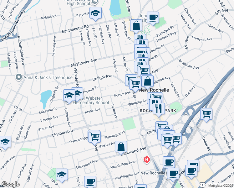 map of restaurants, bars, coffee shops, grocery stores, and more near 91 Horton Avenue in New Rochelle