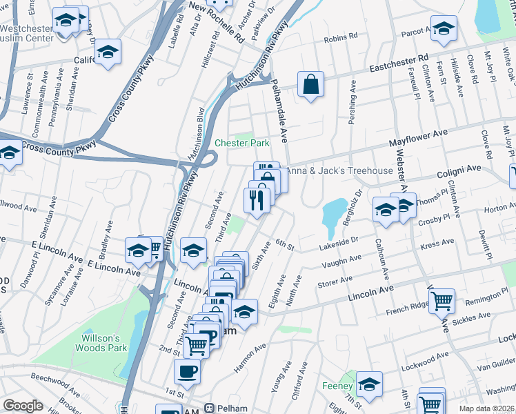 map of restaurants, bars, coffee shops, grocery stores, and more near 529 Fourth Avenue in Village of Pelham