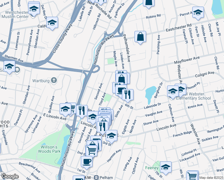 map of restaurants, bars, coffee shops, grocery stores, and more near 529 Fourth Avenue in Village of Pelham