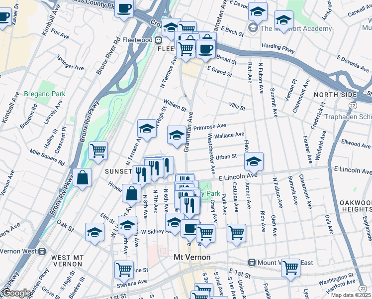 map of restaurants, bars, coffee shops, grocery stores, and more near in Mount Vernon
