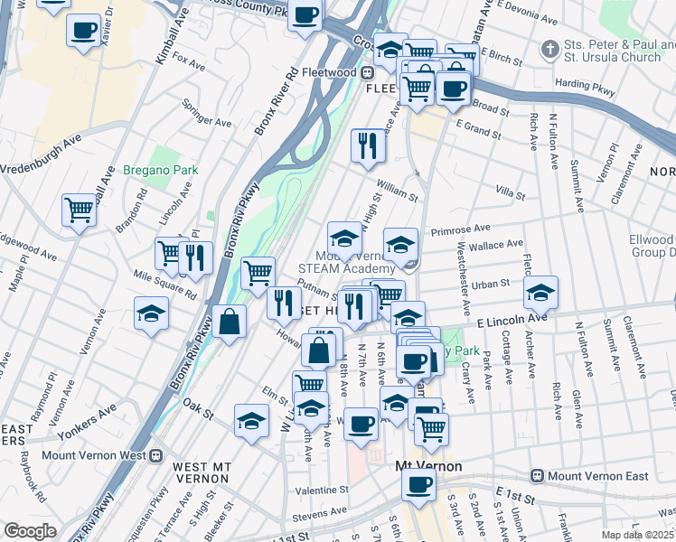 map of restaurants, bars, coffee shops, grocery stores, and more near 430 North Terrace Avenue in Mount Vernon