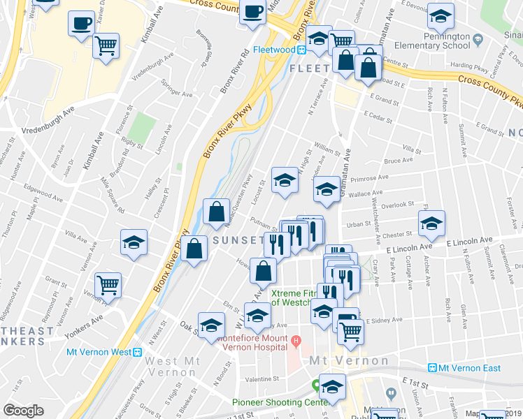 map of restaurants, bars, coffee shops, grocery stores, and more near 430 North Terrace Avenue in Mount Vernon