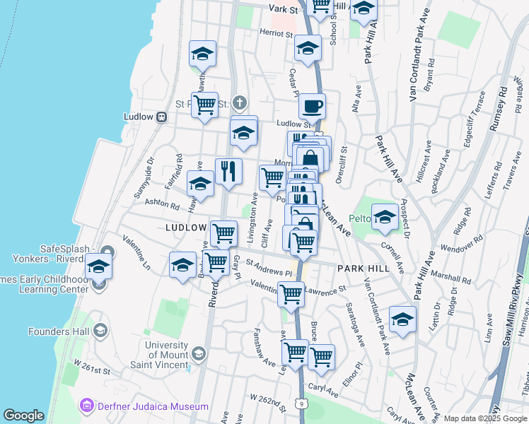 map of restaurants, bars, coffee shops, grocery stores, and more near 50 Post Street in Yonkers