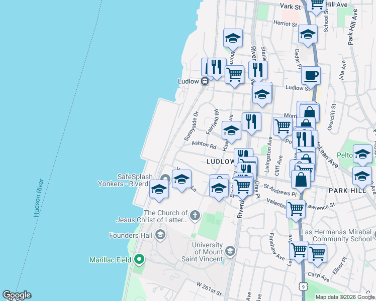 map of restaurants, bars, coffee shops, grocery stores, and more near 62 Ashton Road in Yonkers