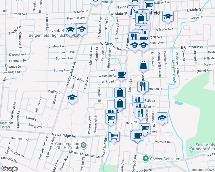 map of restaurants, bars, coffee shops, grocery stores, and more near 128 West Broad Street in Bergenfield