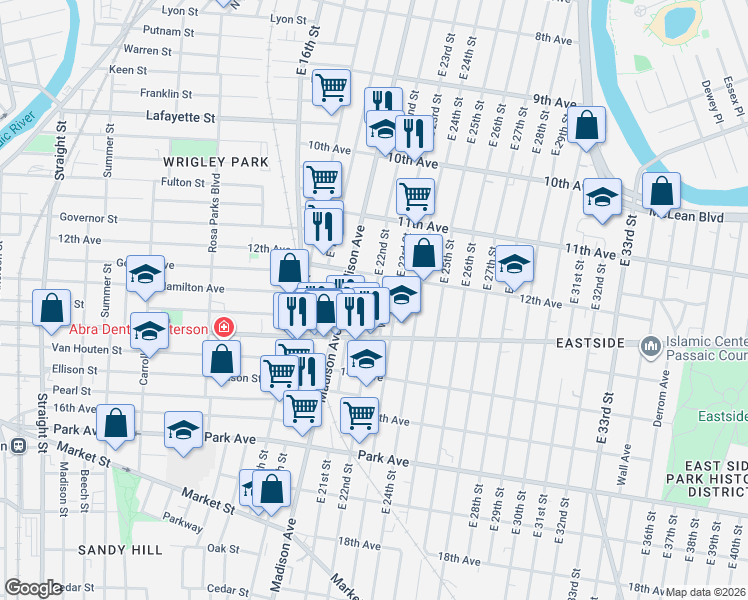 map of restaurants, bars, coffee shops, grocery stores, and more near in Paterson