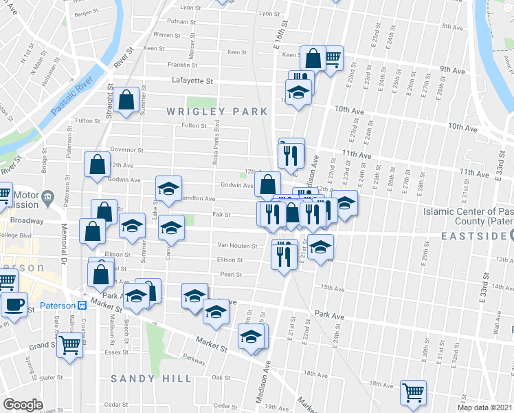 map of restaurants, bars, coffee shops, grocery stores, and more near 341 Hamilton Avenue in Paterson
