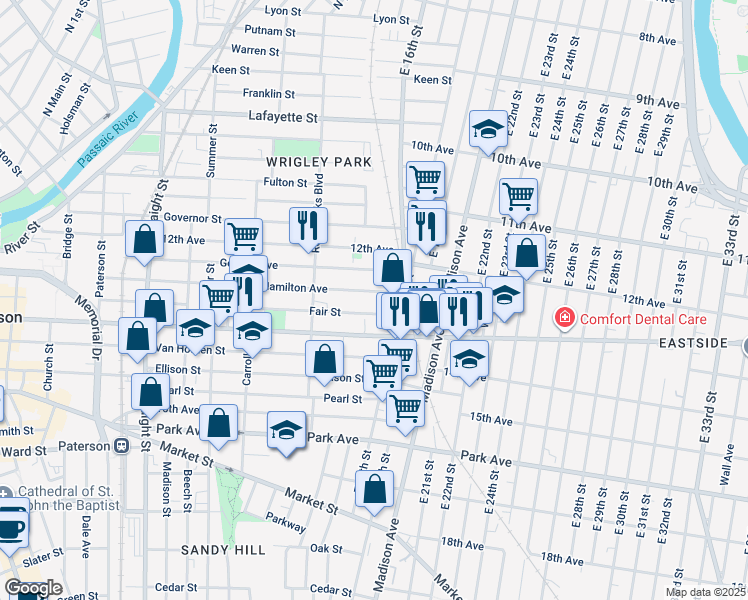 map of restaurants, bars, coffee shops, grocery stores, and more near 341 Hamilton Avenue in Paterson