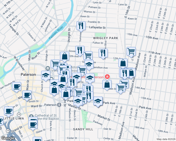 map of restaurants, bars, coffee shops, grocery stores, and more near 137 Carroll Street in Paterson