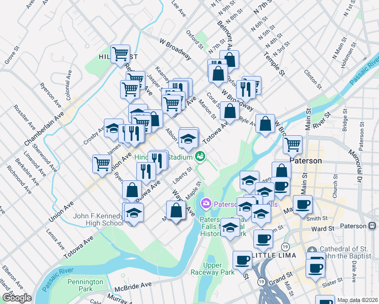 map of restaurants, bars, coffee shops, grocery stores, and more near 9 Redwood Avenue in Paterson