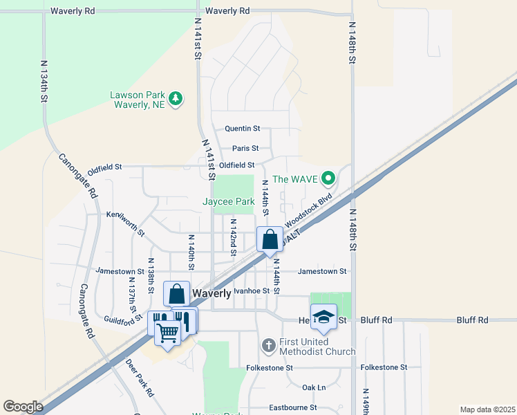 map of restaurants, bars, coffee shops, grocery stores, and more near 11071 North 144th Street in Waverly
