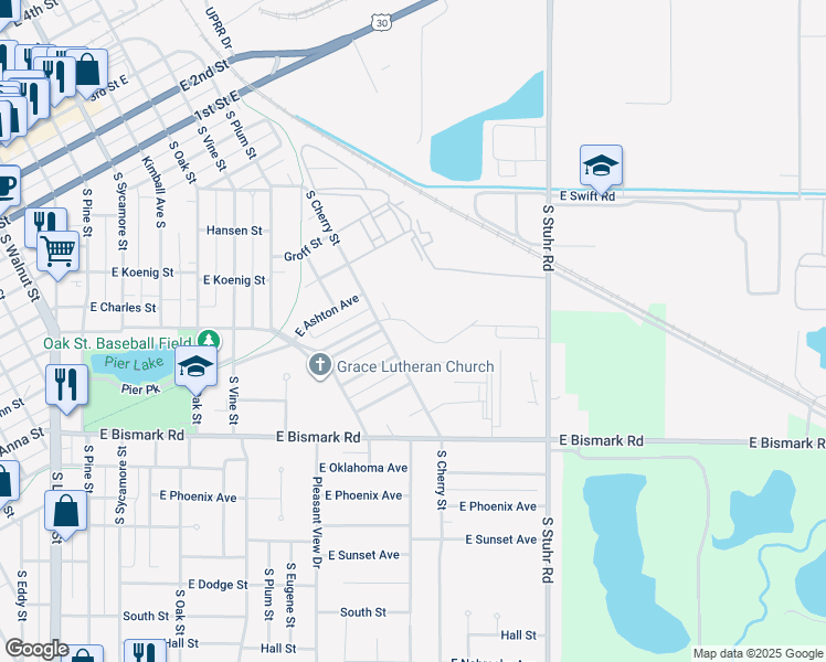 map of restaurants, bars, coffee shops, grocery stores, and more near 415 South Cherry Street in Grand Island