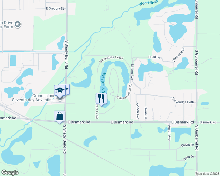 map of restaurants, bars, coffee shops, grocery stores, and more near 1 Kuester Lake in Grand Island
