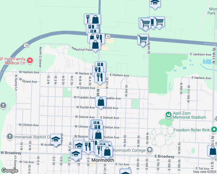 map of restaurants, bars, coffee shops, grocery stores, and more near 801 North 1st Street in Monmouth