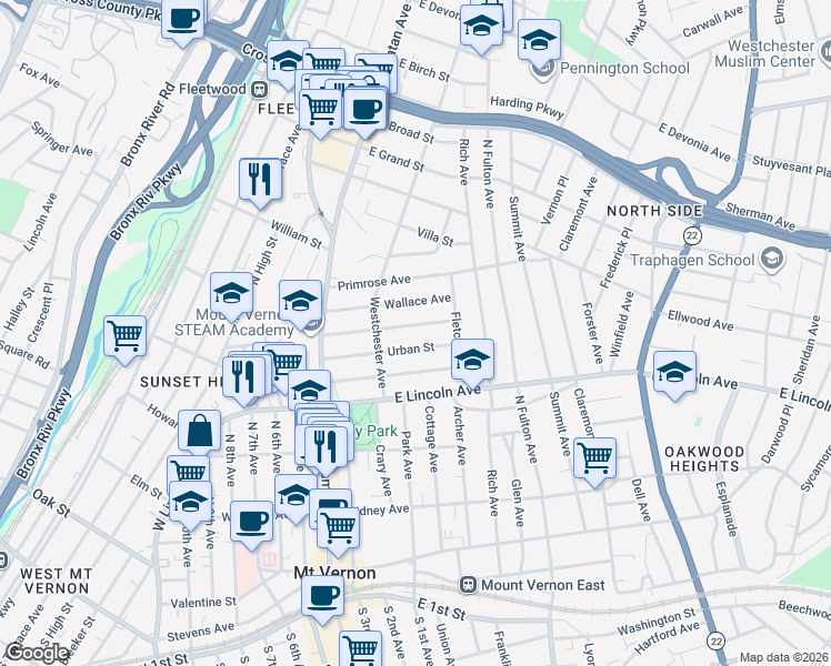 map of restaurants, bars, coffee shops, grocery stores, and more near 119 Overlook Street in Mount Vernon