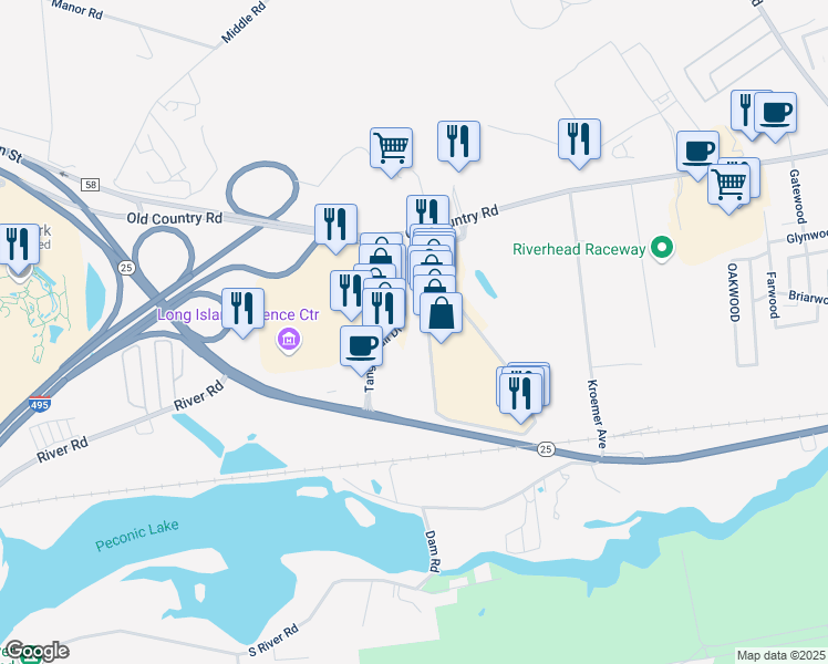 map of restaurants, bars, coffee shops, grocery stores, and more near 1750 West Main Street in Riverhead