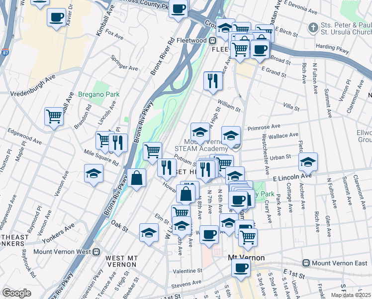 map of restaurants, bars, coffee shops, grocery stores, and more near 418 North Terrace Avenue in Mount Vernon