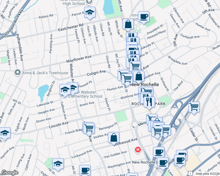 map of restaurants, bars, coffee shops, grocery stores, and more near 91 Horton Avenue in New Rochelle