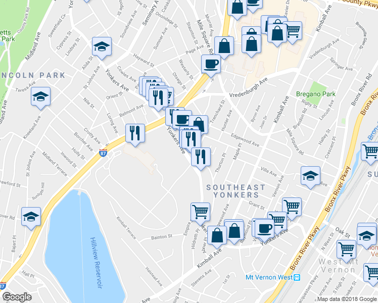 map of restaurants, bars, coffee shops, grocery stores, and more near 881 Yonkers Avenue in Yonkers