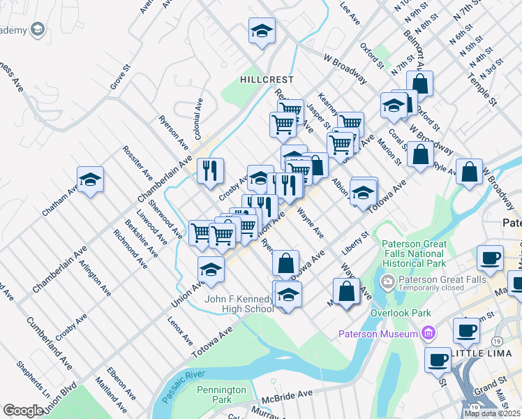map of restaurants, bars, coffee shops, grocery stores, and more near 196 Paterson Avenue in Paterson
