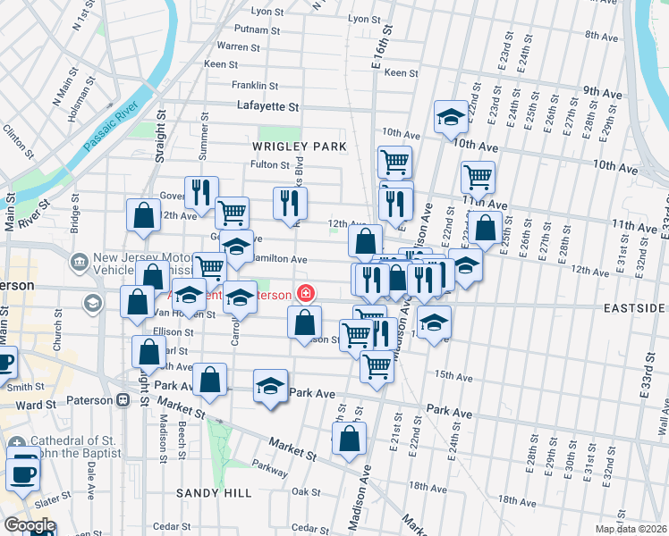 map of restaurants, bars, coffee shops, grocery stores, and more near 341 Hamilton Avenue in Paterson