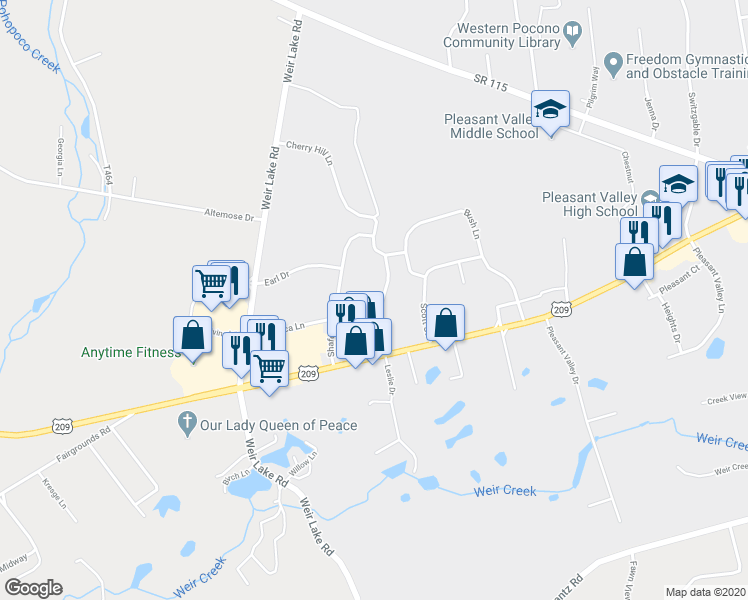 map of restaurants, bars, coffee shops, grocery stores, and more near 227 Kevin Lane in Brodheadsville