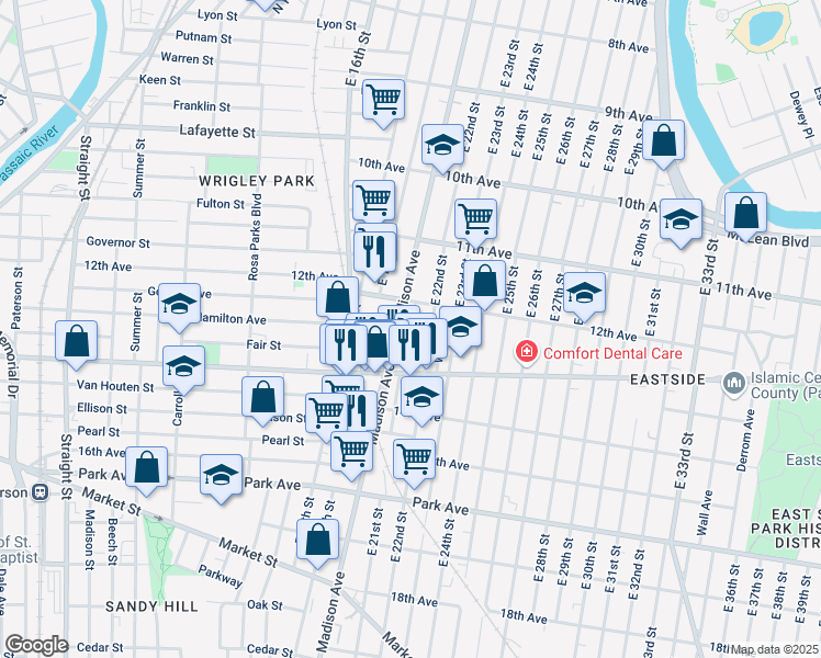 map of restaurants, bars, coffee shops, grocery stores, and more near in Paterson