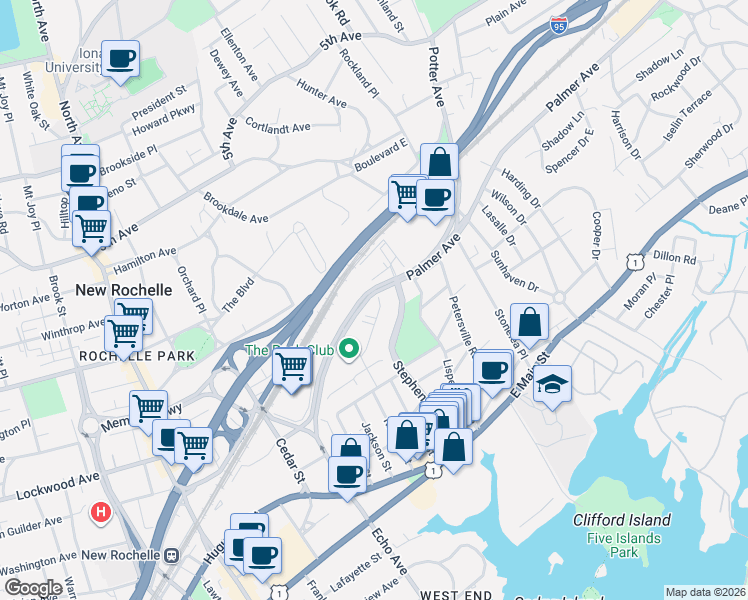 map of restaurants, bars, coffee shops, grocery stores, and more near 2525 Palmer Avenue in New Rochelle