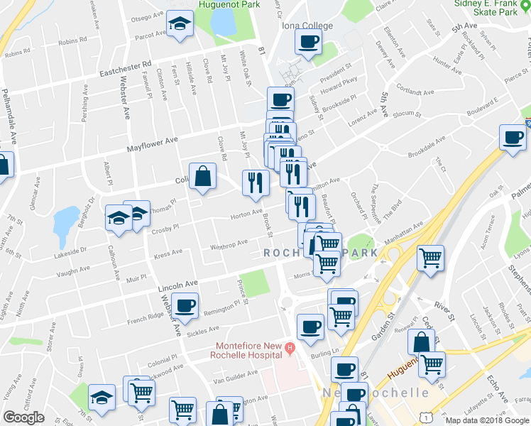 map of restaurants, bars, coffee shops, grocery stores, and more near in New Rochelle