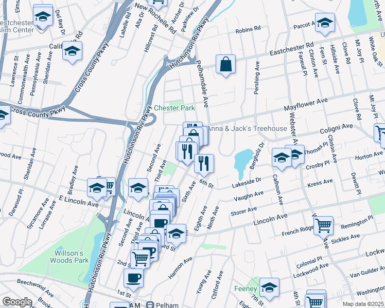map of restaurants, bars, coffee shops, grocery stores, and more near 529 Fourth Avenue in Village of Pelham