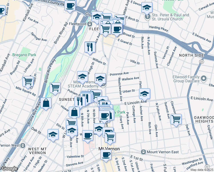 map of restaurants, bars, coffee shops, grocery stores, and more near in Mount Vernon